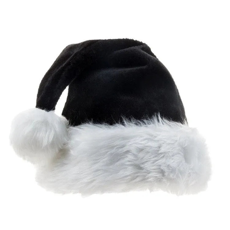Large red and black plush Christmas hat with classic European design, shown next to a white and black version.