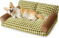 Checkered pattern pet sofa bed for small cats and dogs with removable cover, shown in three sizes.
