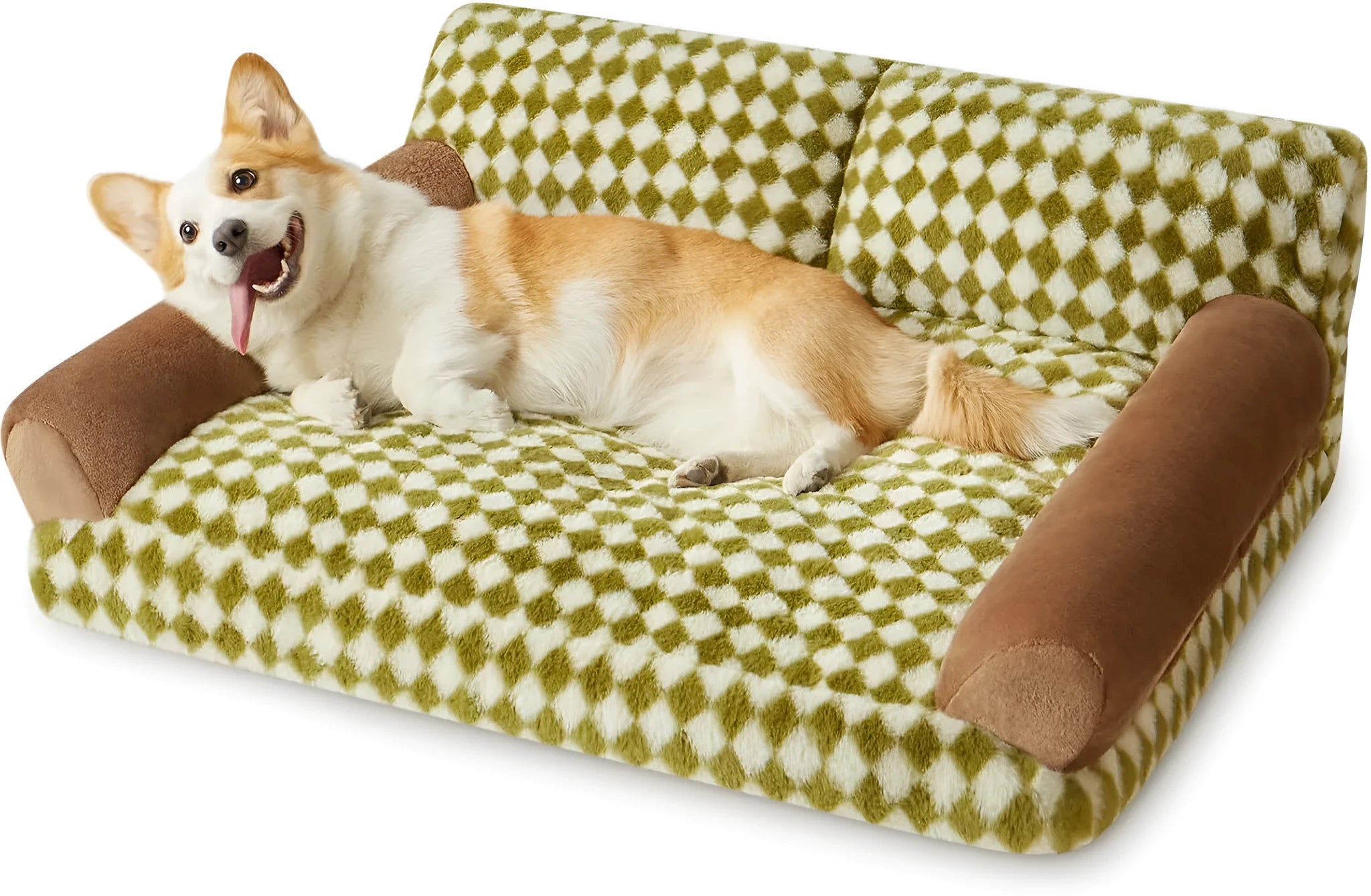 Checkered pattern pet sofa bed for small cats and dogs with removable cover, shown in three sizes.
