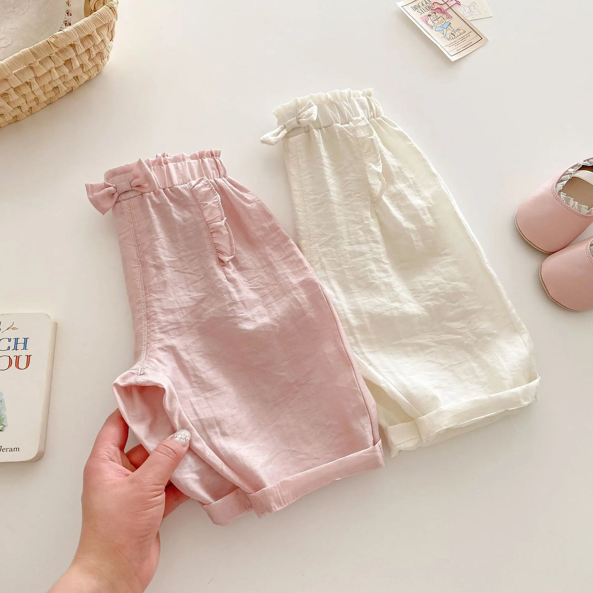 Girls' bow anti-mosquito cotton casual trousers, mid waist, rubber pink or cream beige, heights 73-120cm