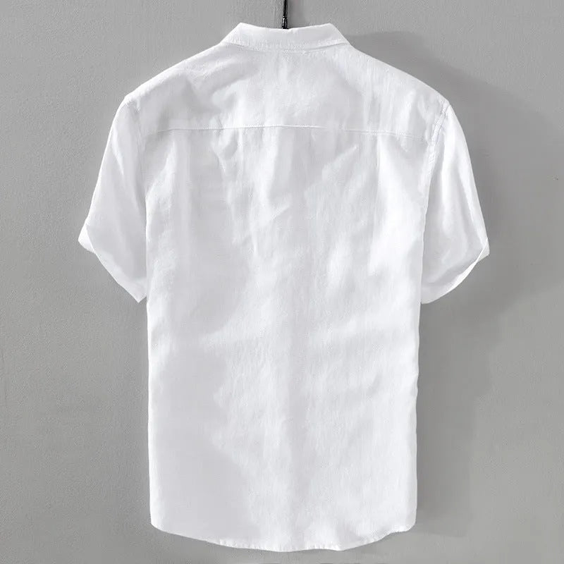Men's short sleeve loose fit linen shirt in a cotton blend fabric, shown in a solid colour.