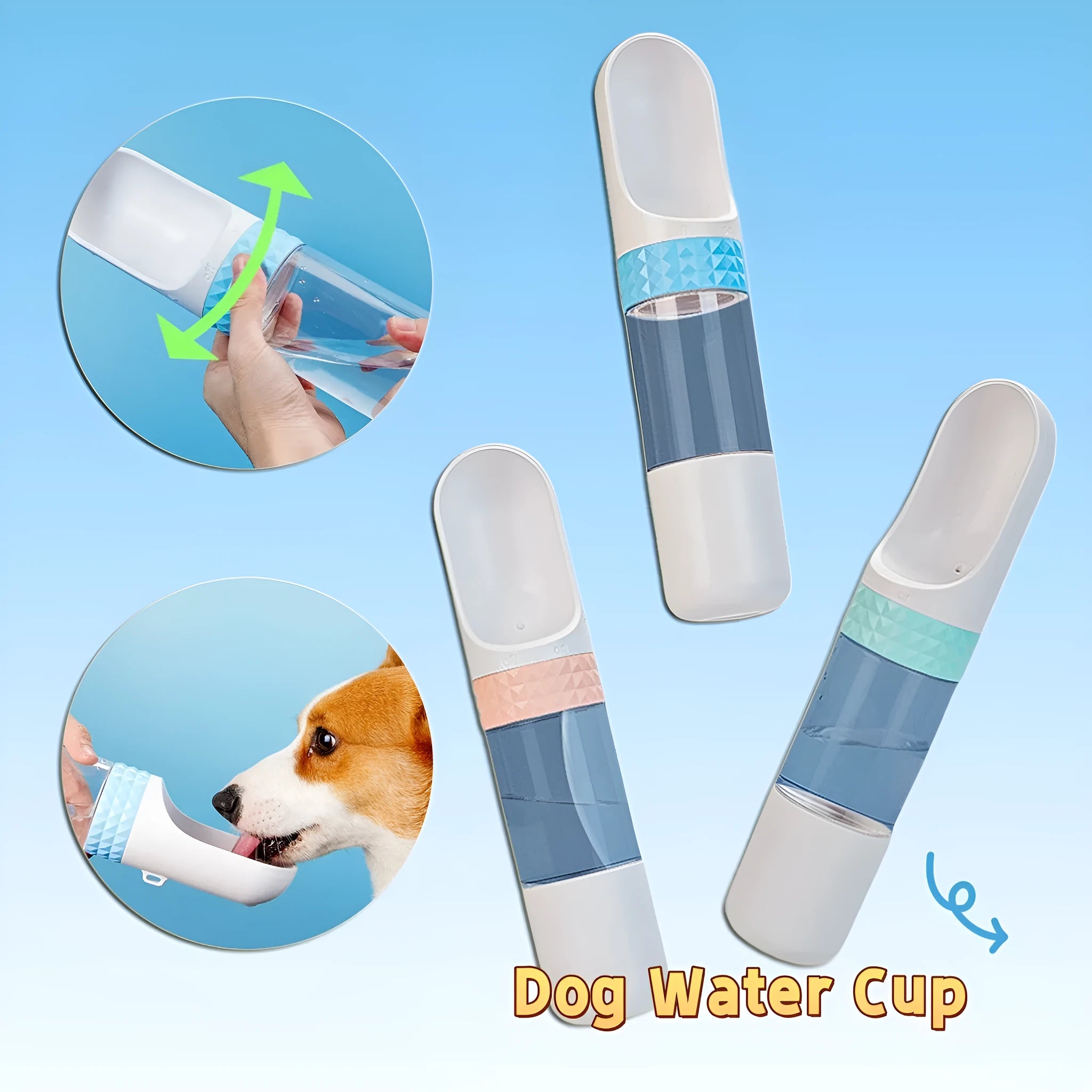 Portable dog water cup with one-click lock, food-grade ABS material, blue colour, outdoor pet travel water dispenser
