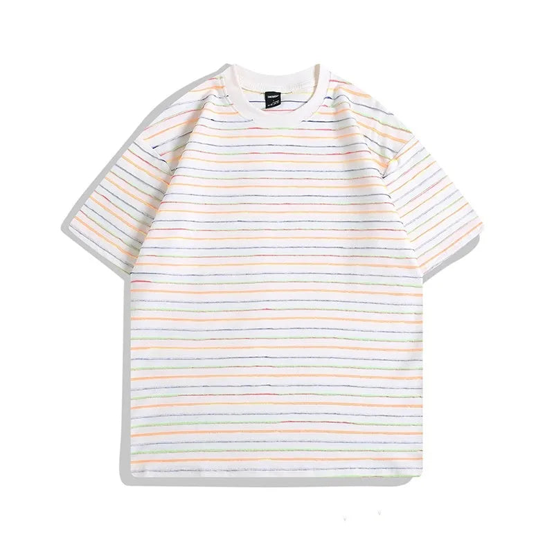 Loose fit striped colour half sleeve t-shirt with round neck collar in multiple size options