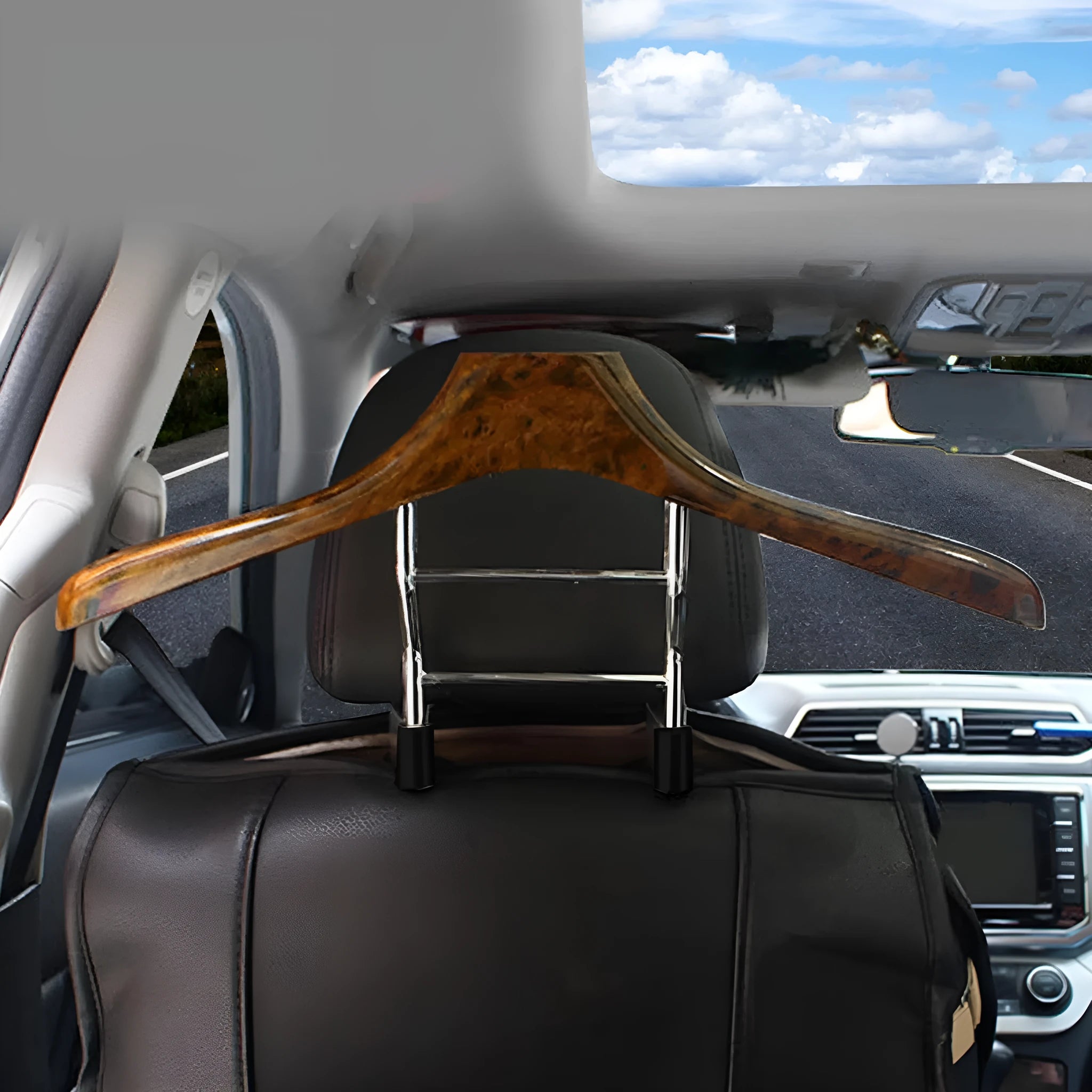 Wood yellow stainless steel and ABS car coat hanger for suits and shirts, shown detached.