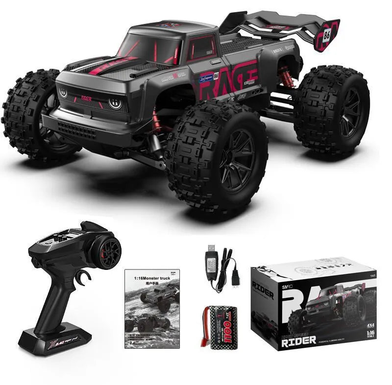 1:16 scale four-wheel drive brushless remote control car toy with metal construction and LED front lights