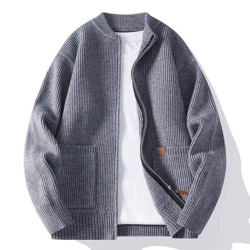 Men's striped cardigan jacket in chemical fibre blended fabric with straight cut design