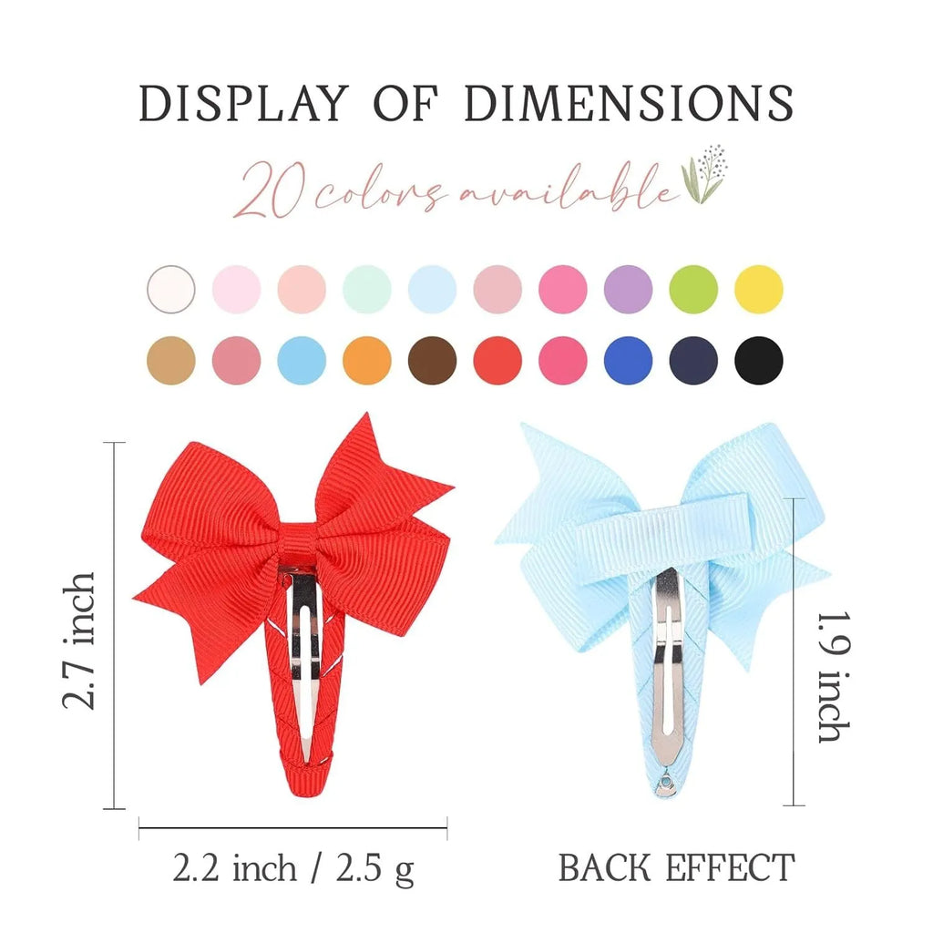 40-piece set of multicoloured grosgrain ribbon baby hair bows with fully wrapped snap clips.