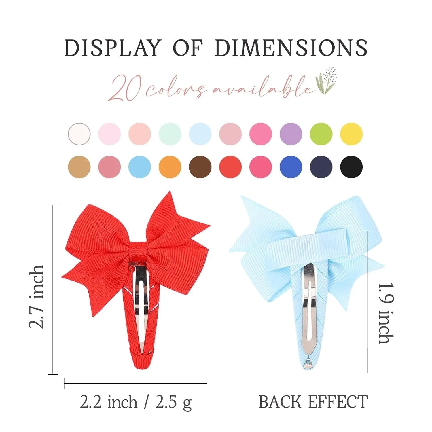 40-piece set of multicoloured grosgrain ribbon baby hair bows with fully wrapped snap clips.