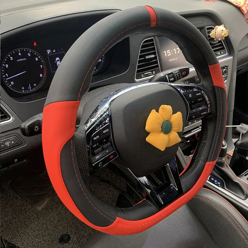 Universal leather steering wheel cover for 38cm diameter wheels in eight colour and style options