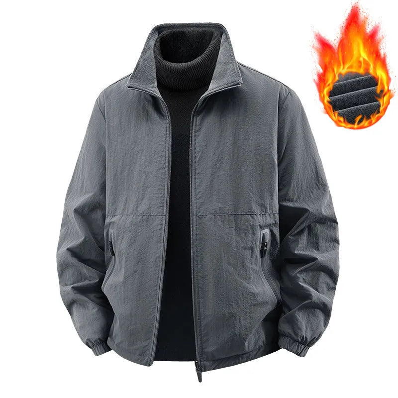 Fleece-lined casual jacket coat for men with stand collar, nylon fabric, loose fit, khaki colour