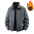 Fleece-lined casual jacket coat for men with stand collar, nylon fabric, loose fit, khaki colour