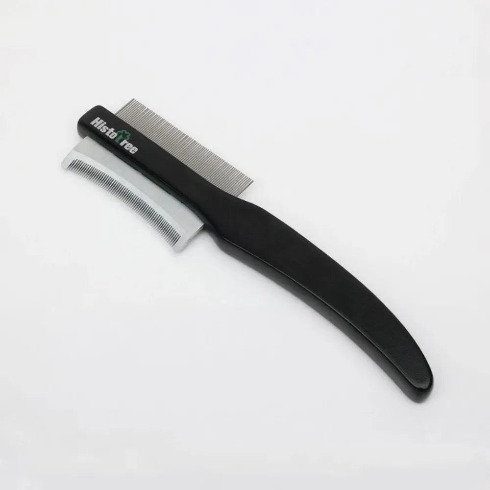 Black dual-sided pet grooming comb with wooden handle and stainless steel teeth for cats and dogs