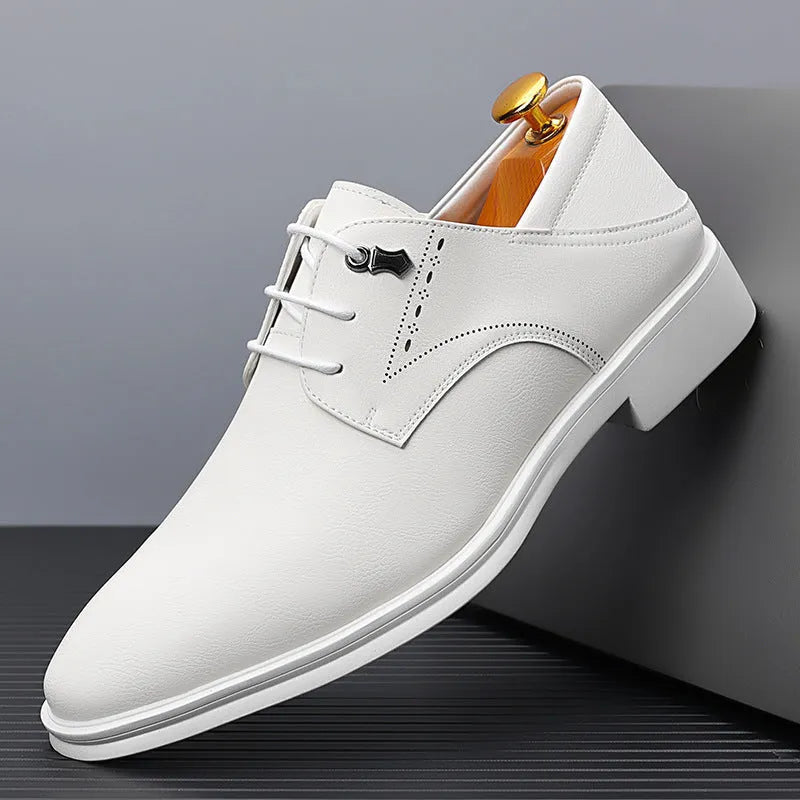 Men's black cow split leather pointed toe dress shoes with rubber sole, low heel, and low-top upper