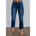 Women's solid colour denim trousers with hand-distressed detailing in dark blue wash