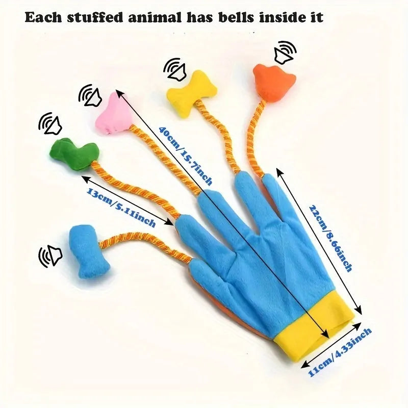 Yellow and blue plush glove cat toy with bell and trailers for interactive play