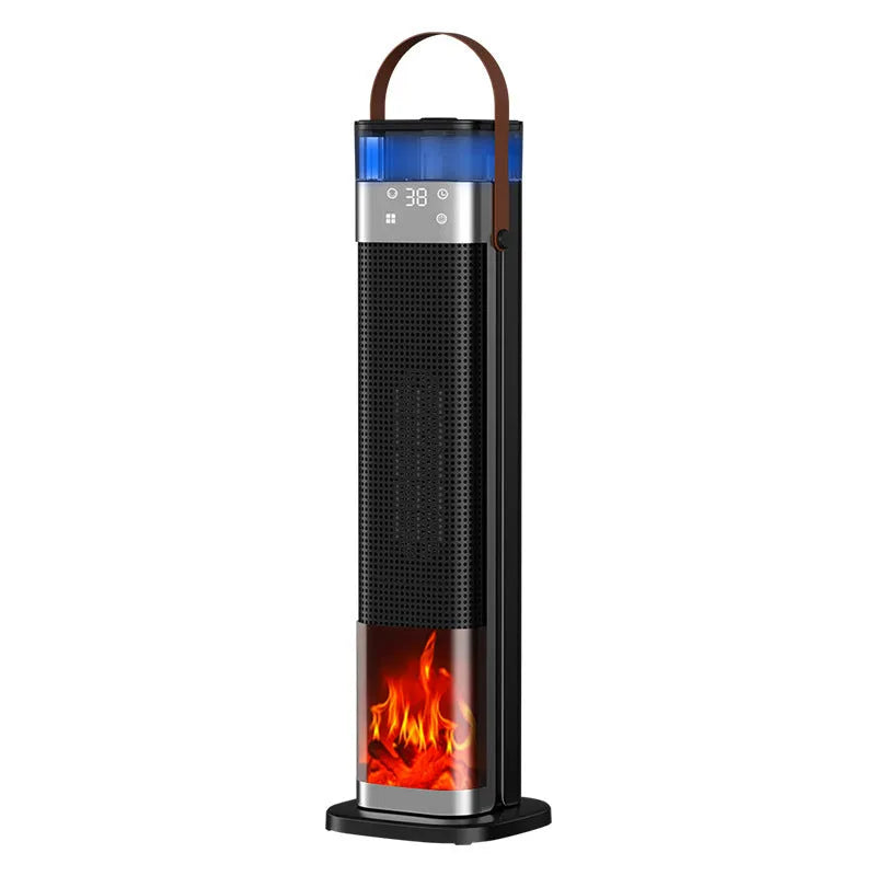 Slender vertical ceramic heater with humidifier and voice control, shown with remote.