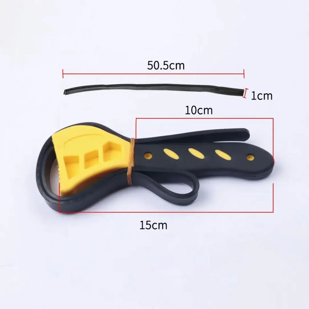 Adjustable rubber strap wrench with plastic rubber grip and metal handle, showing the strap loop and adjustment mechanism.