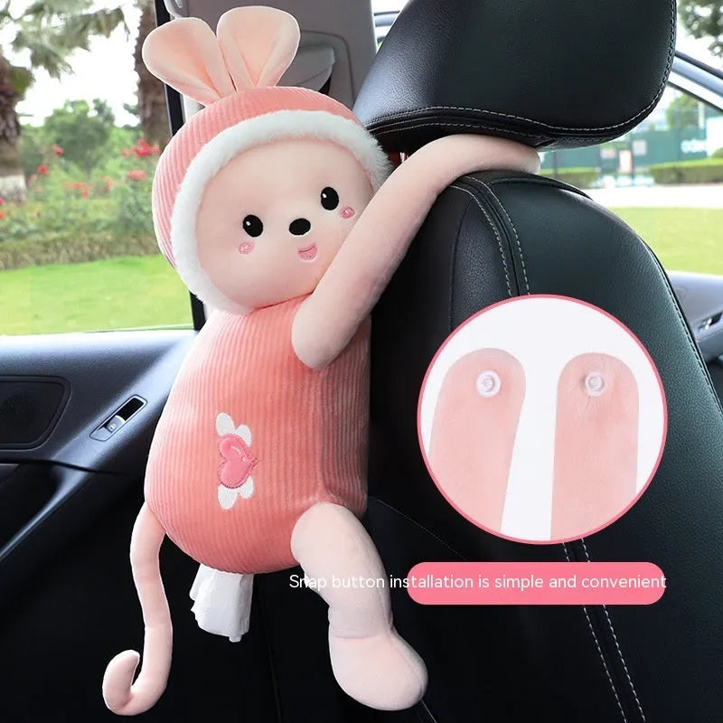 Plush car seat back-mounted tissue box holder with elastic straps in character design
