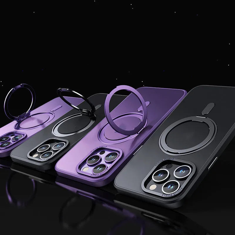 Transparent magnetic protective phone case for iPhone, shown in black, grey, purple and clear colours.