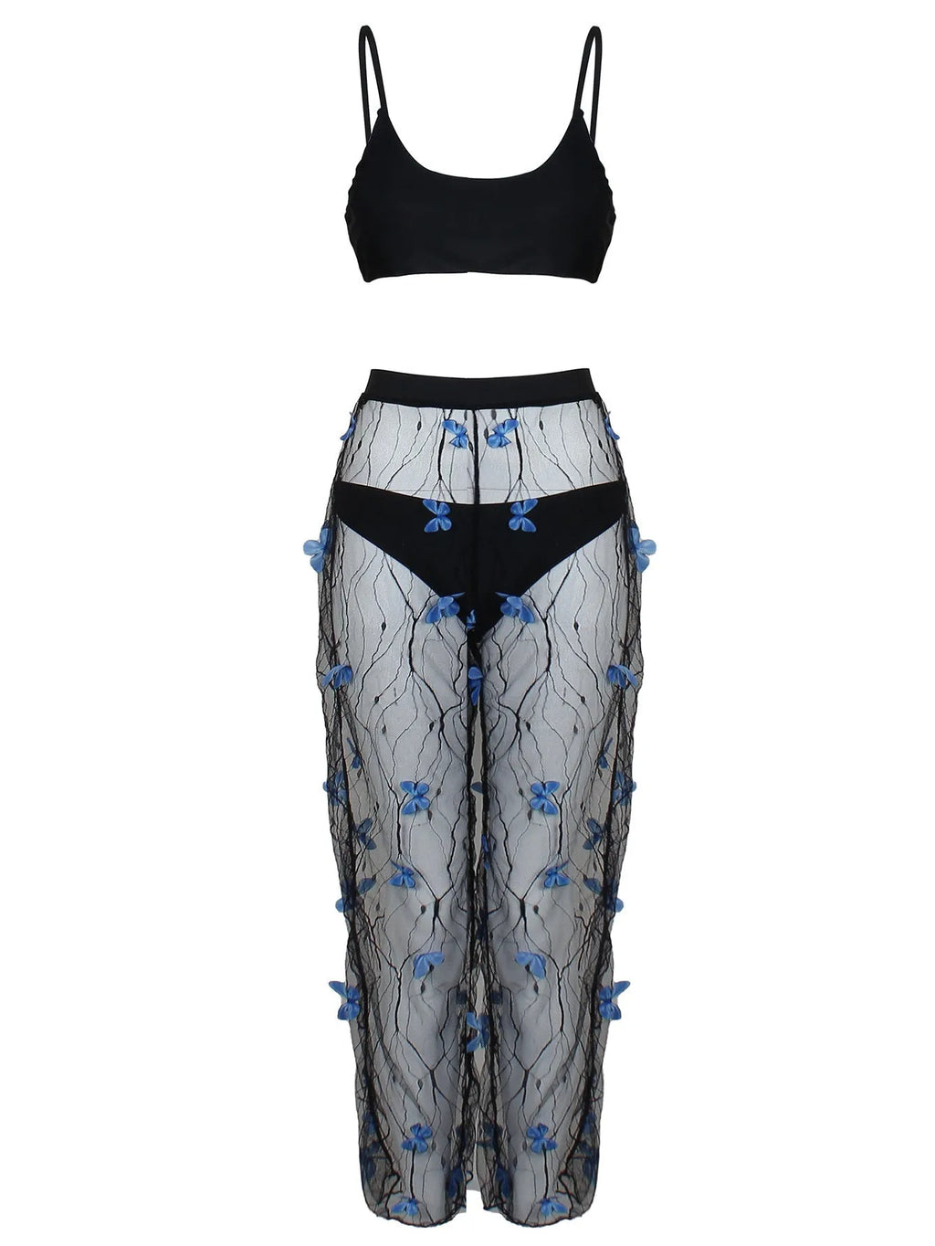 Black women's bikini three-piece set with transparent voile butterfly pattern