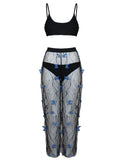 Black women's bikini three-piece set with transparent voile butterfly pattern