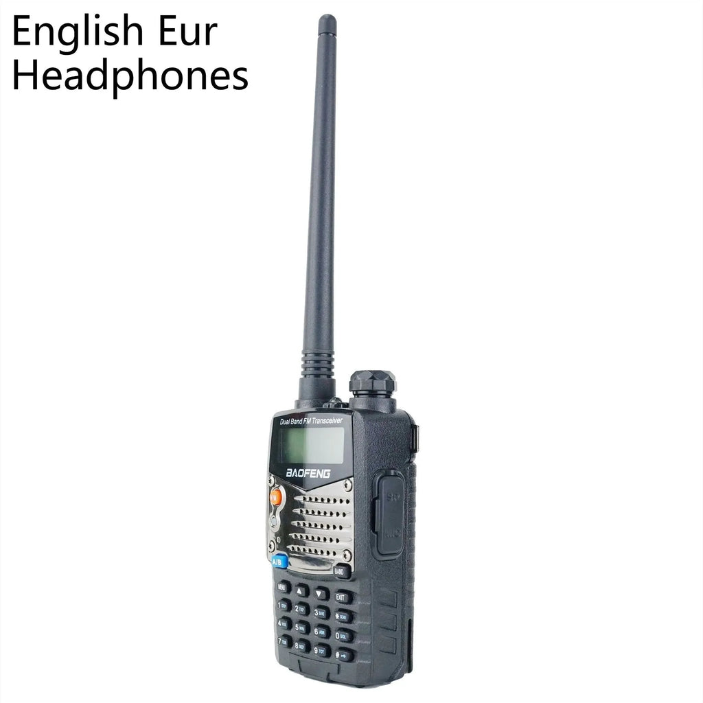 Baofeng UV-5RA black handheld dual-band amateur radio with LCD display and antenna.