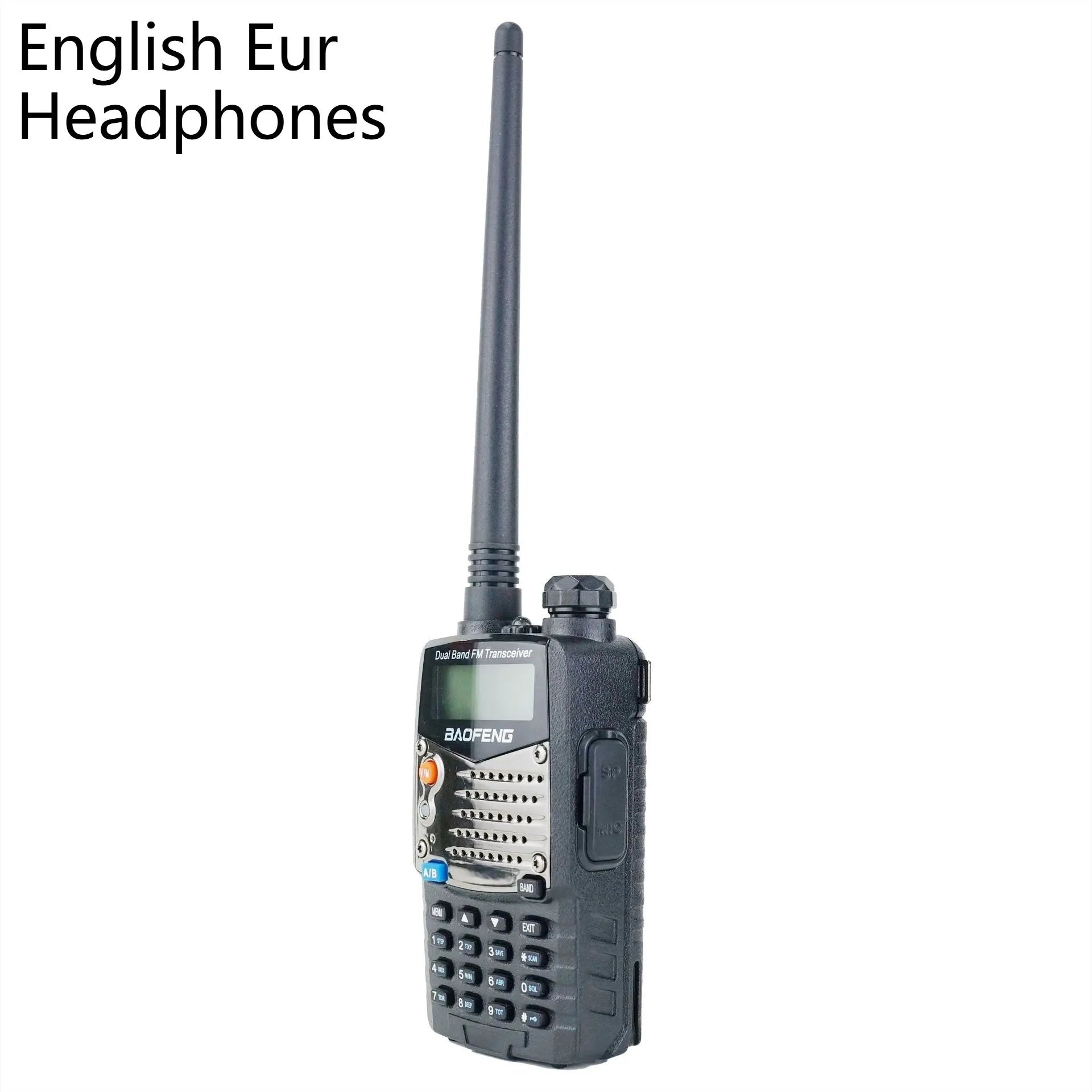 Baofeng UV-5RA black handheld dual-band amateur radio with LCD display and antenna.