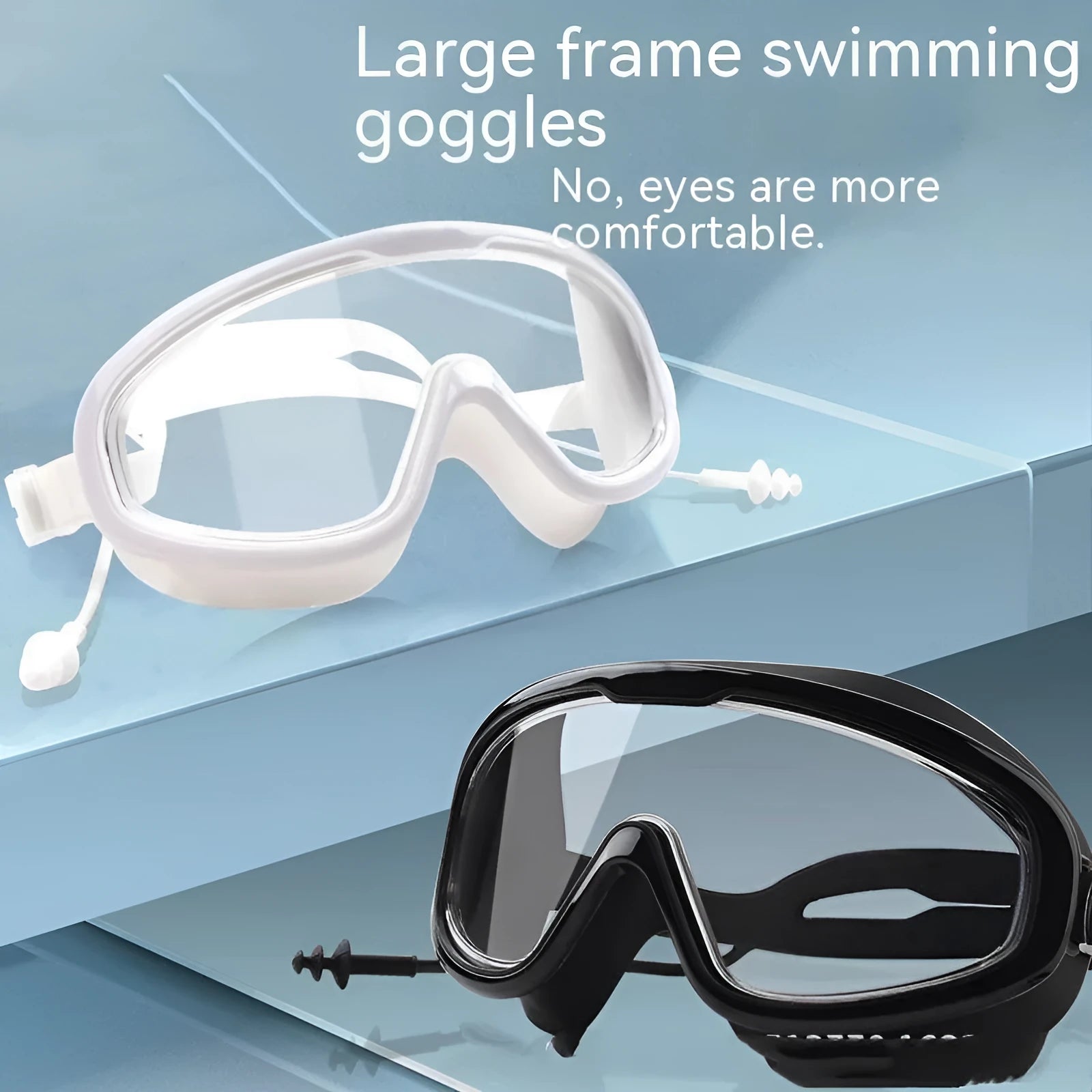 Large frame anti-fog waterproof swimming goggles for adults, transparent black colour, adjustable strap
