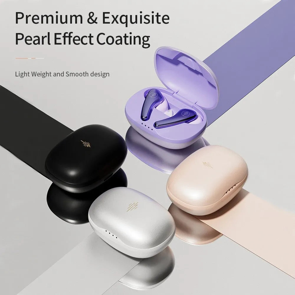Wireless in-ear Bluetooth 5.3 headset in white, pink, purple, or black with charging compartment and data cable
