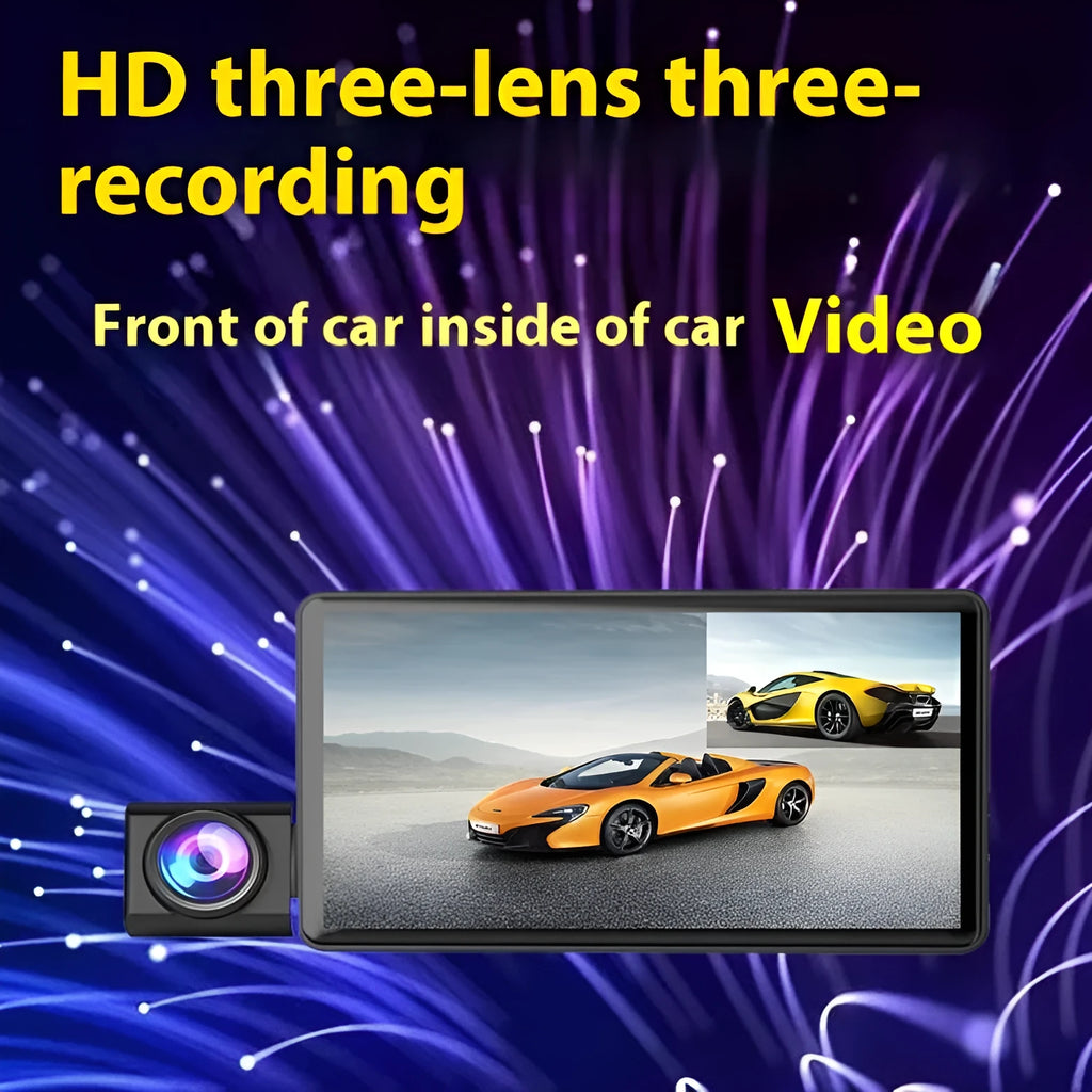 Black three-lens dashcam with 4-inch touch screen for front and rear vehicle recording