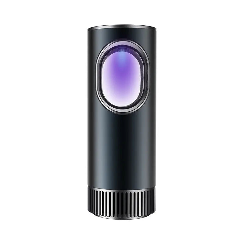 Black car air purifier measuring 68 by 187mm with USB power connection