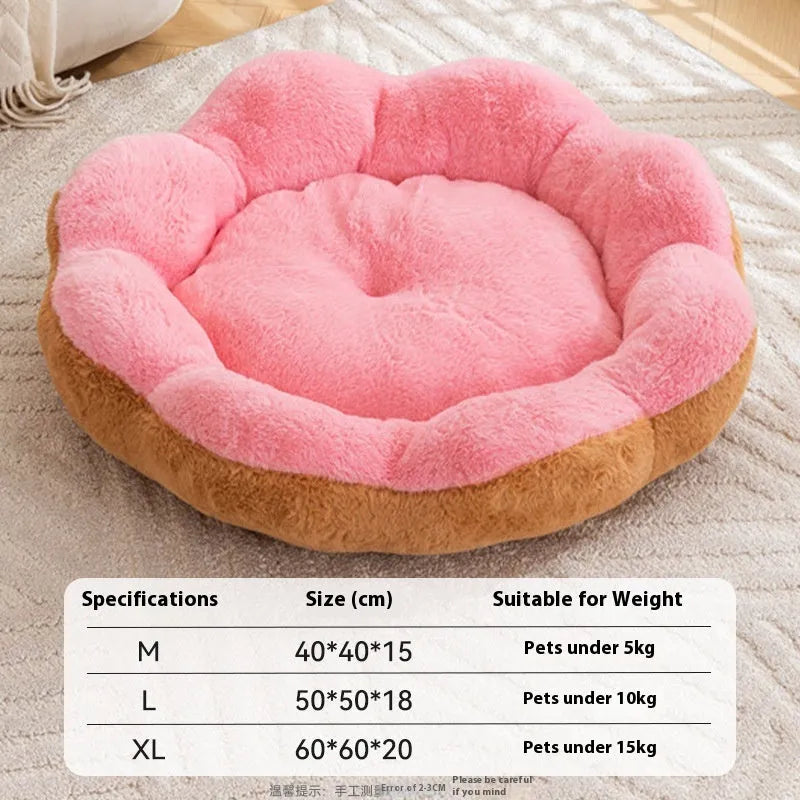 Round thick rabbit plush cat bed with a detachable cushion in grey black colour.