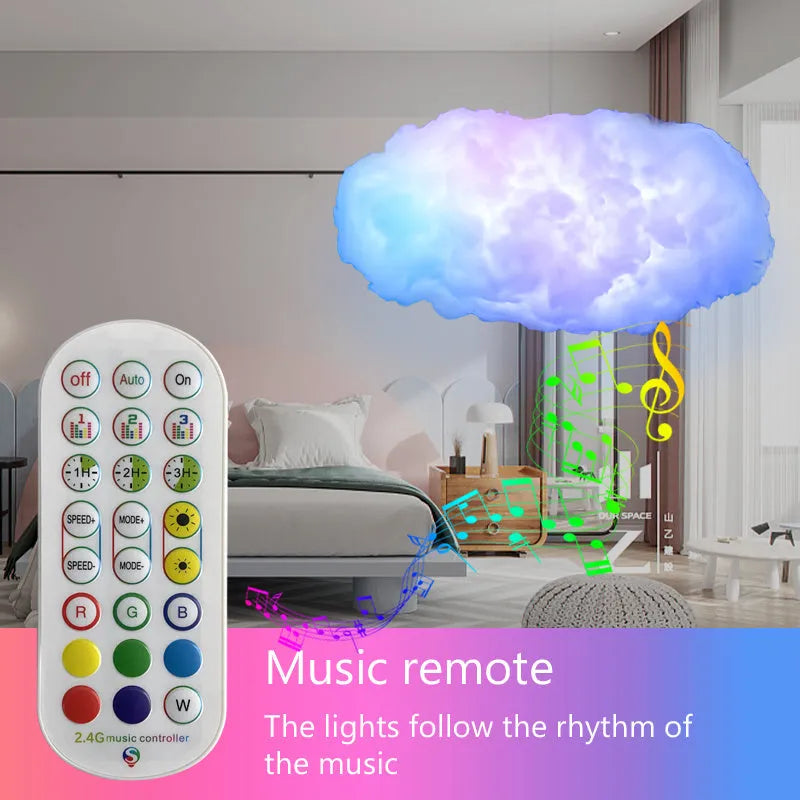 White fabric cloud-shaped pendant light with colourful RGBIC LED lighting and a USB cable.