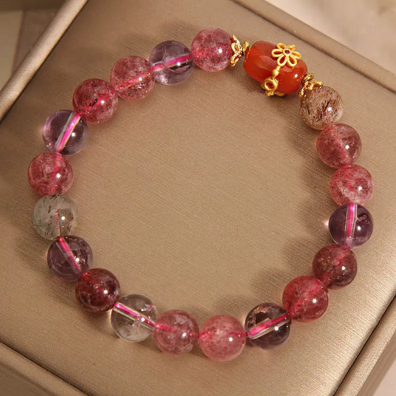 Natural Super Seven crystal bracelet with white crystal and red agate stones in cartoon-style design