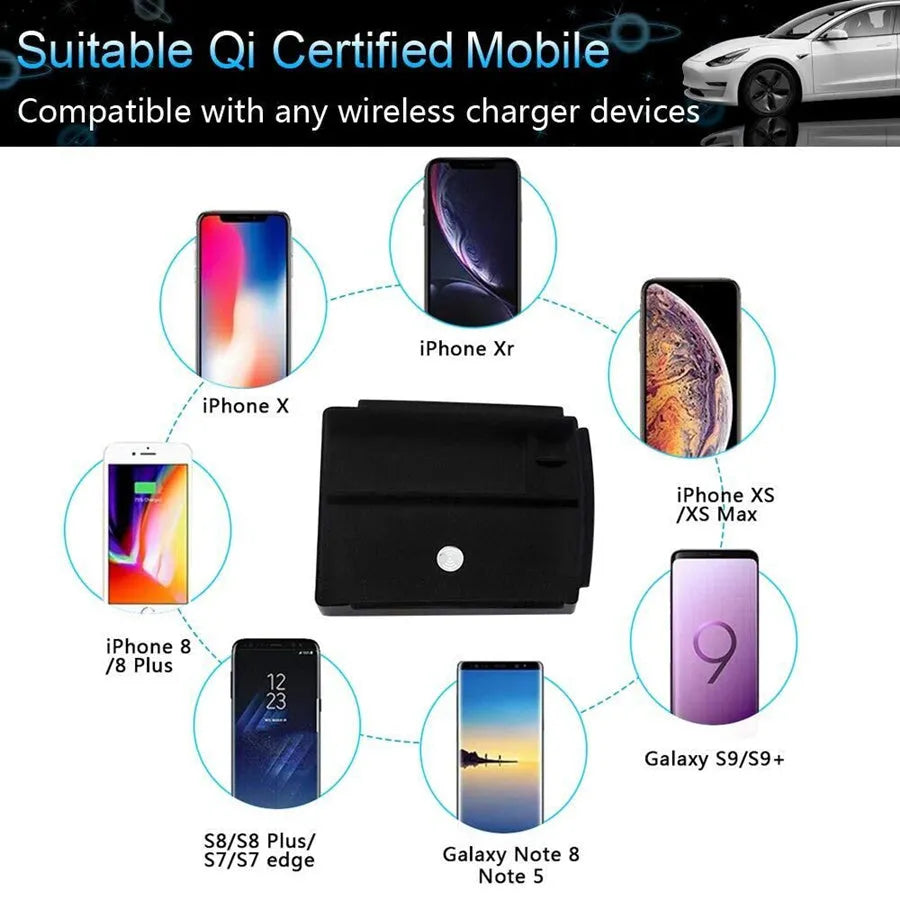 Black wireless charging base stand for Qi smartphones and tablets on a desk