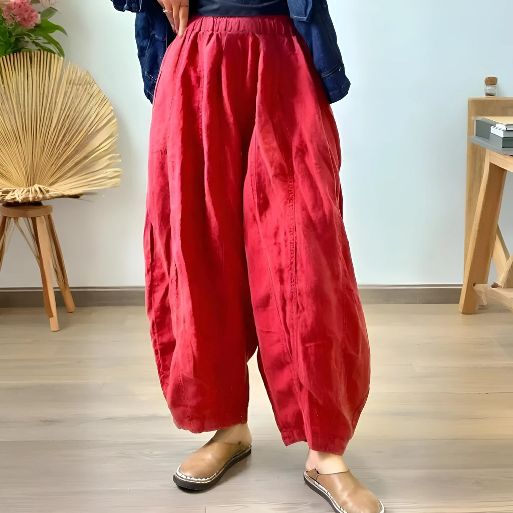 Cotton and linen harem trousers for women in watermelon red, wide-leg mid-waist fit, sizes S to XL