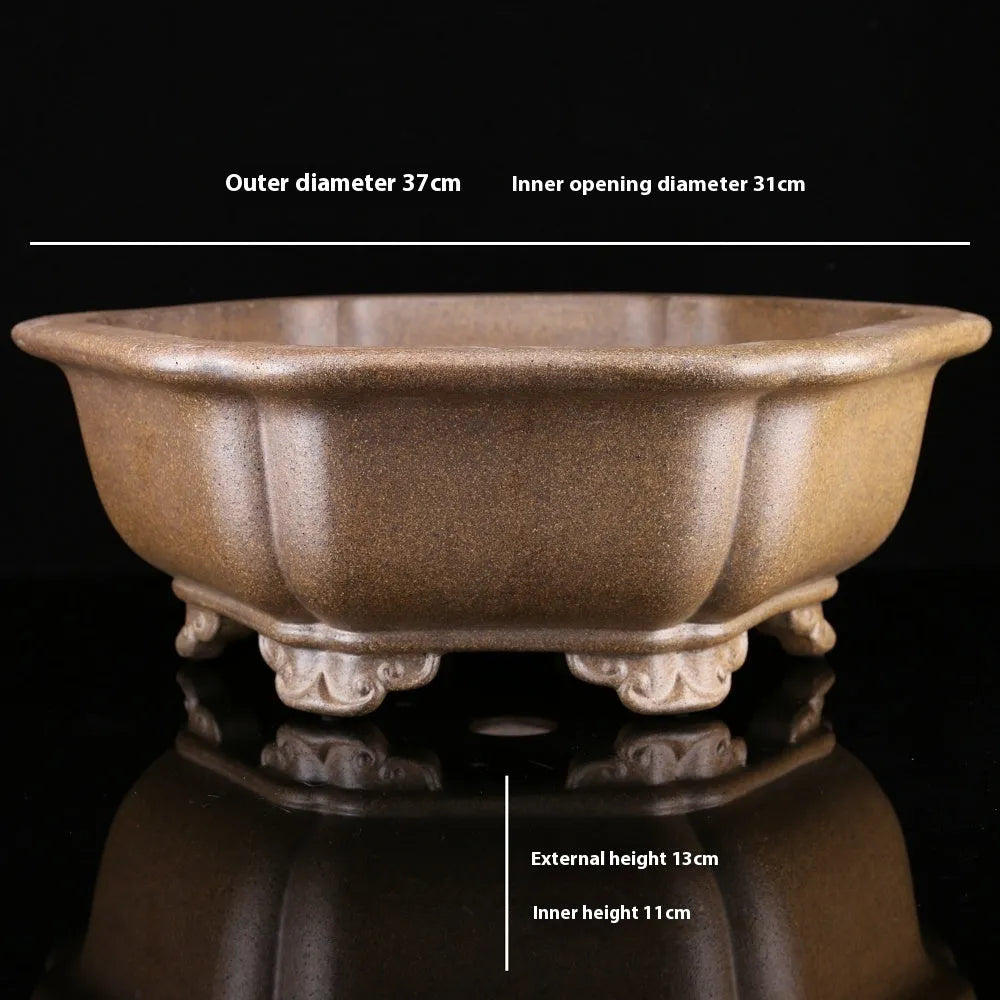 Handcrafted large hexagonal purple sand bonsai pot with five visible drainage holes.