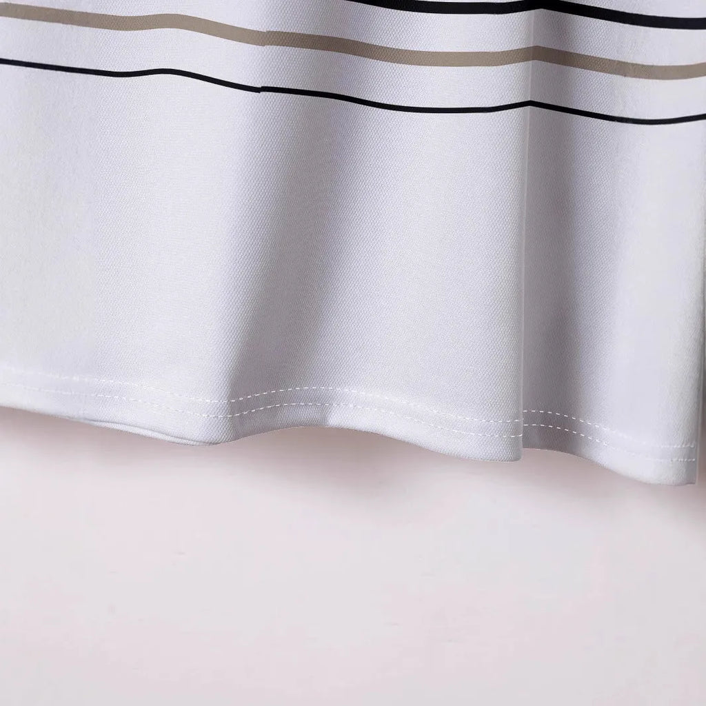 Men's white striped short sleeve polyester t-shirt for summer business casual wear