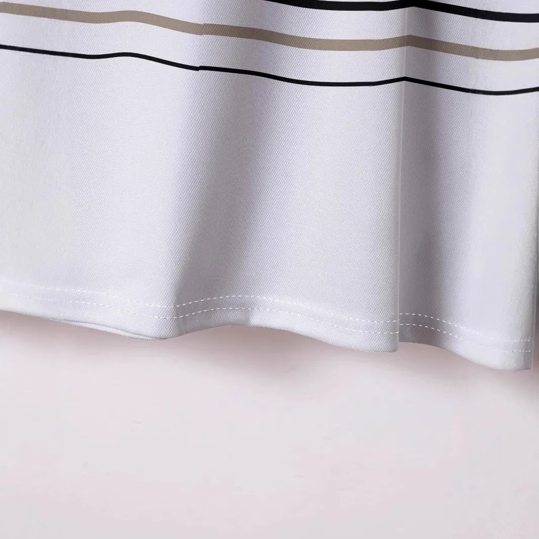 Men's white striped short sleeve polyester t-shirt for summer business casual wear