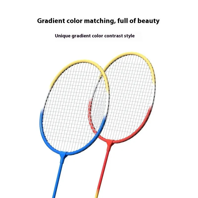 Pair of blue and red alloy badminton rackets from an ultra-light split set