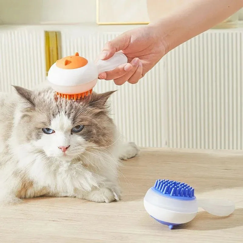 Automatic pet grooming brush with soft gel bristles in blue and orange colours