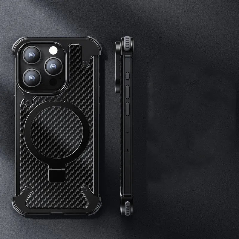 Carbon fibre metal phone case for iPhone 15 Pro Max with kickstand bracket and magnetic suction in black matte finish