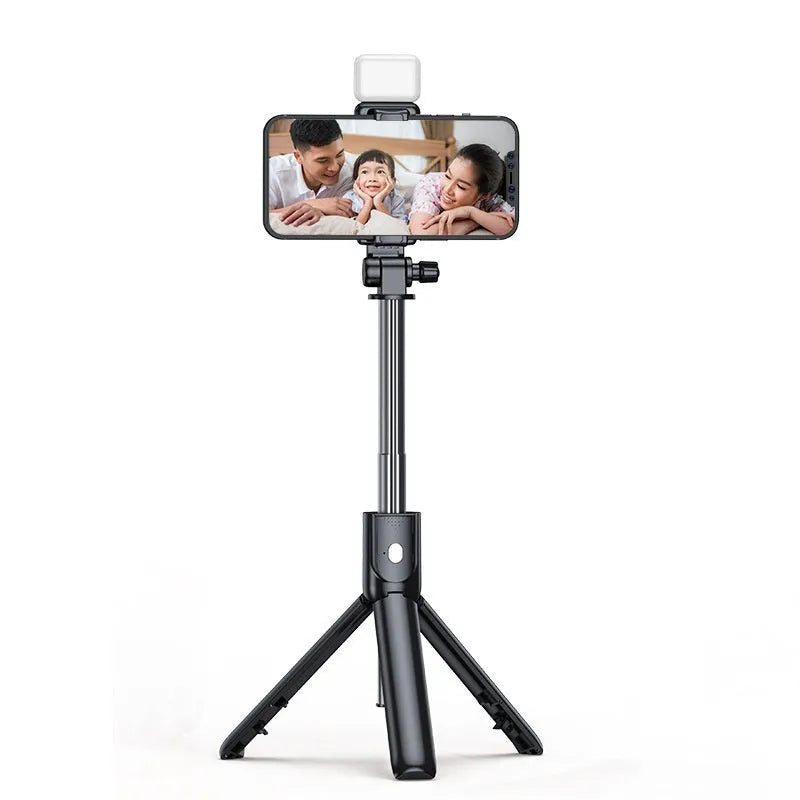 Black R1-L portable mobile phone holder and tripod selfie stick made from stainless steel and alloy.