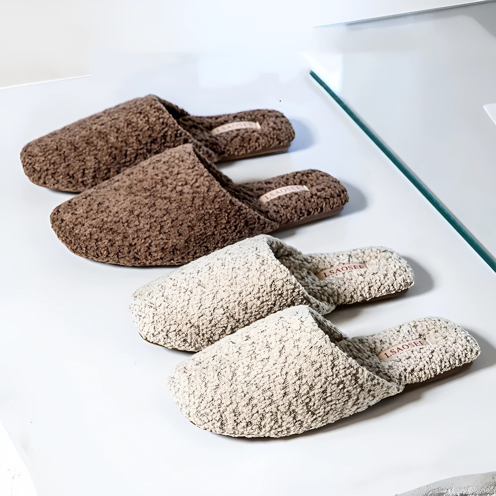 Fleece-lined thermal cotton slippers for women and men, non-slip beef tendon sole, square round toe, solid colour