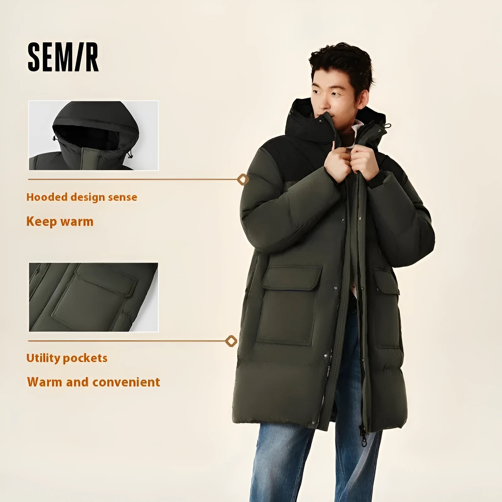 Long waterproof winter coat in army green with duck down filling, front view