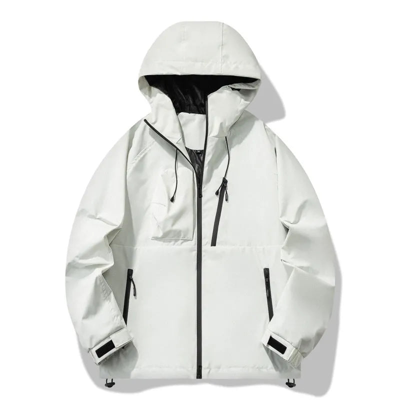 Men's three-proof outdoor windproof waterproof jacket in polyester with zippered pockets, solid colour, black