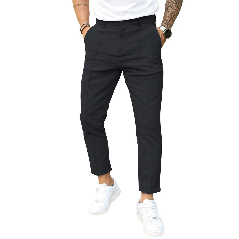 Men's double fold line solid colour casual skinny fit suit pants in black, cotton-polyester blend