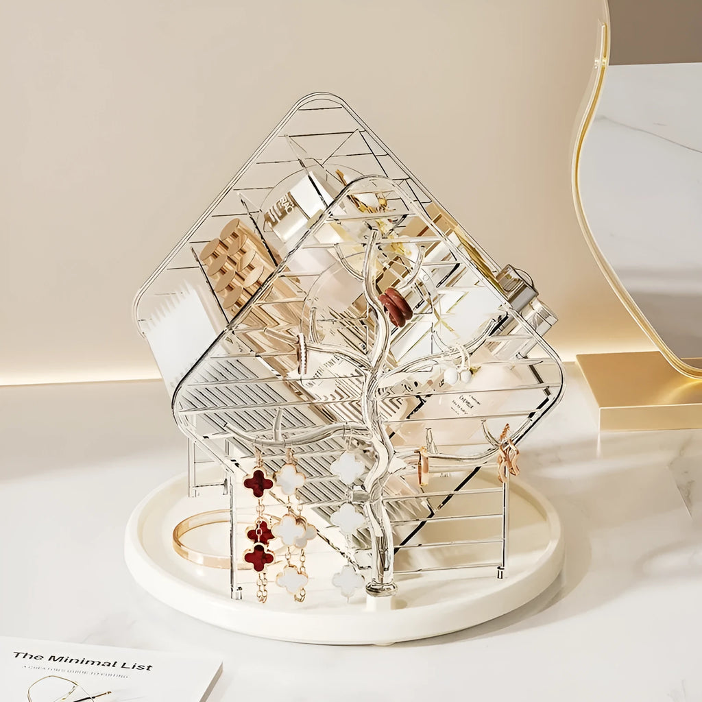 A rotating cosmetics storage box in a luxury style, shown in clear and amber gold colour options.