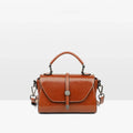 Genuine leather crossbody shoulder bag in dark brown, horizontal square shape with stitched details, 20x9x12 cm