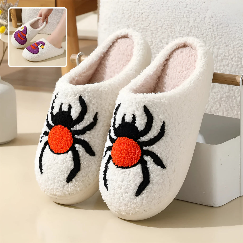 Pair of Halloween cartoon indoor slippers with spider pattern suede upper and PVC sole